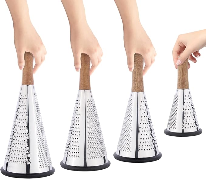 Cone Cheese Grater with Handle - Stainless Steel Triple Function Wood Handle Parmesan Shaver Non-Slip Rubber Bottom Hand Held Multifunction Vegetables Cheese Grater with container (M: 9.4" X 4.3")
