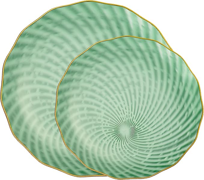 PLASTICPRO 60 Pack Plastic Plates Set of 30-10 inch Plates and 30-7 inch Plate, Elegant Clear Green Spiral and Gold Rim Disposable Fancy Plate Premium Heavyweight