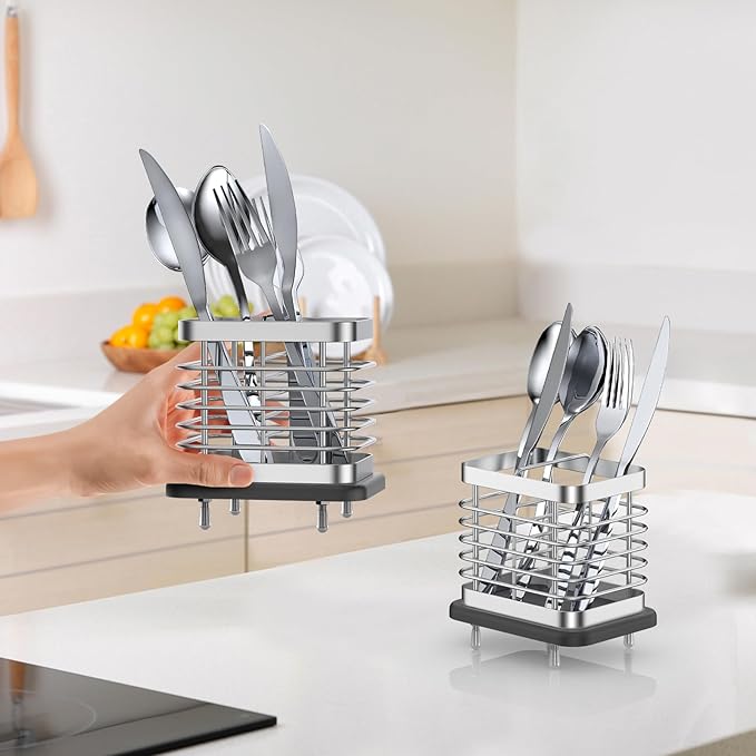 Utensil Holder for Kitchen Counter, Small Stainless Steel Cutlery Holder Organizer with Drying Diatomaceous Earth Base, 2 Slots Utensil Drying Rack Spoon Fork Organizer Crock Storage, Sliver