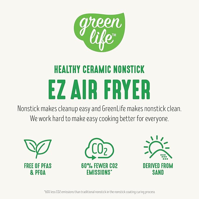GreenLife 4.5QT Air Fryer, Mechanical Dial Controls, PFAS-Free Ceramic Nonstick Drawer, Adjustable Temp & Timer, LED Indicator, Oil-Less Cooking, Dishwasher Safe, Compact Family Size, Pink