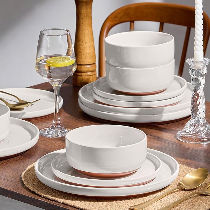 E-far 12-Piece Stoneware Dinnerware Sets, Plates and Bowls Sets for 4, Ceramic Dishware Dishes Set with Terracotta Base, Chip & Scratch Resistant, Microwave & Dishwasher Safe, Speckled White