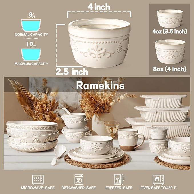 Artena Ramekins Oven Safe, Creme Brulee Ramekins, Embossed White Ceramic Ramiken, Souffle Pudding Custard Cups, Baking Dish, Dipping Bowls, Sauce Cups, Set Of 4 (Damask Floral, 8 oz)