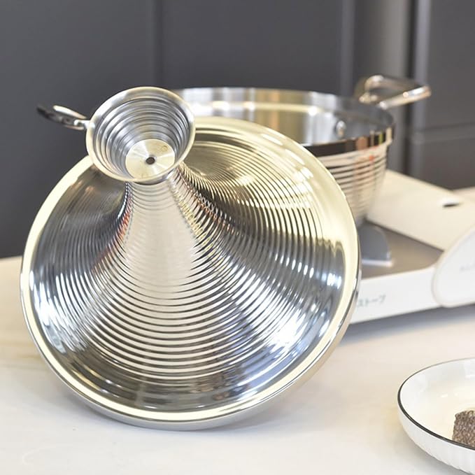 Moroccan Tagine Cooking Pot,Stainless Steel Non Stick Moroccan Casserole with 2 Handles,Large Moroccan Cooker Handmade Tagine Pot with Cone-Shaped Lid(22cm, Silver)