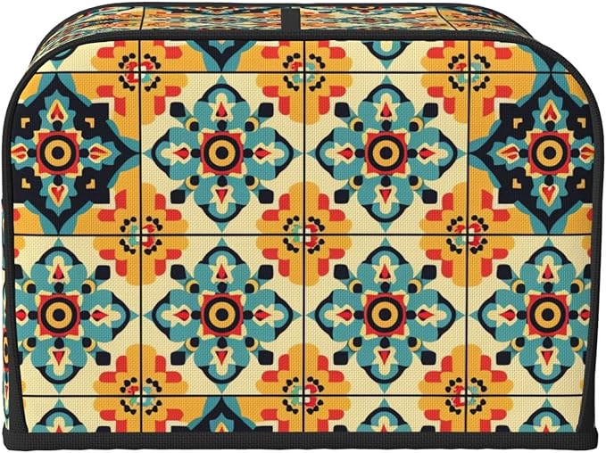 Brown Boho Tile Covers for 4 Slice Toasters,Cute Country Bread Machine Cover with Handle,Washable Stain Resistant Kitchen Small Appliance Cover Dining Decor