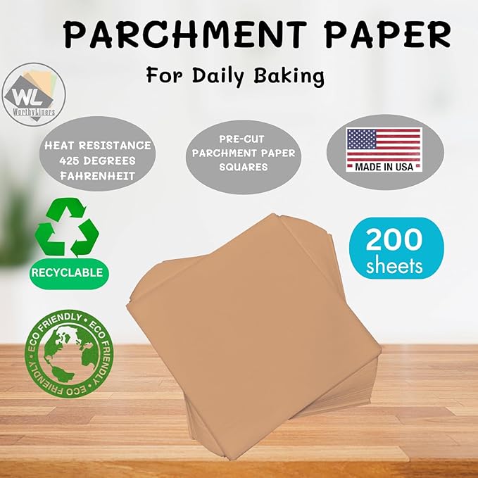7x7 Inch Natural Parchment Paper Squares 200 Sheets | Made is USA | Worthy Liners Non-Stick Precut Baking Parchment, Perfect for baking and cooking