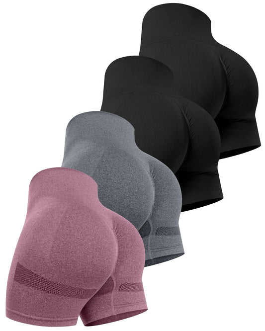 CHRLEISURE Women's 4 Packs Workout Gym Shorts, High Waisted Butt Lifting Scrunch Butt Seamless Booty Shorts(Black,Black,DGray,Wine,S)