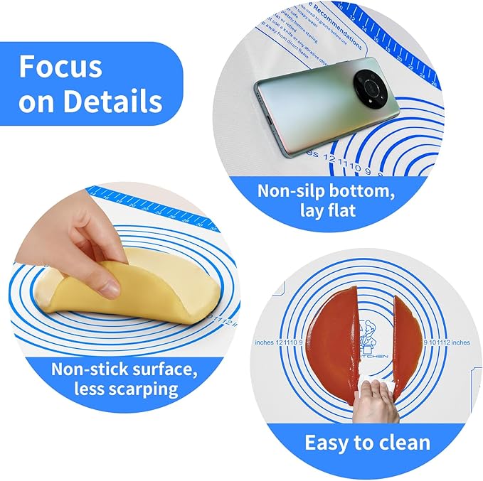 Silicone Pastry Mat for Dough Rolling, Silicone Baking Mat with Measurement for Baking Pie Crust, Pizza & Cookies, Non stick & Non Slip Silicone Mat, Blue 28X20INCH
