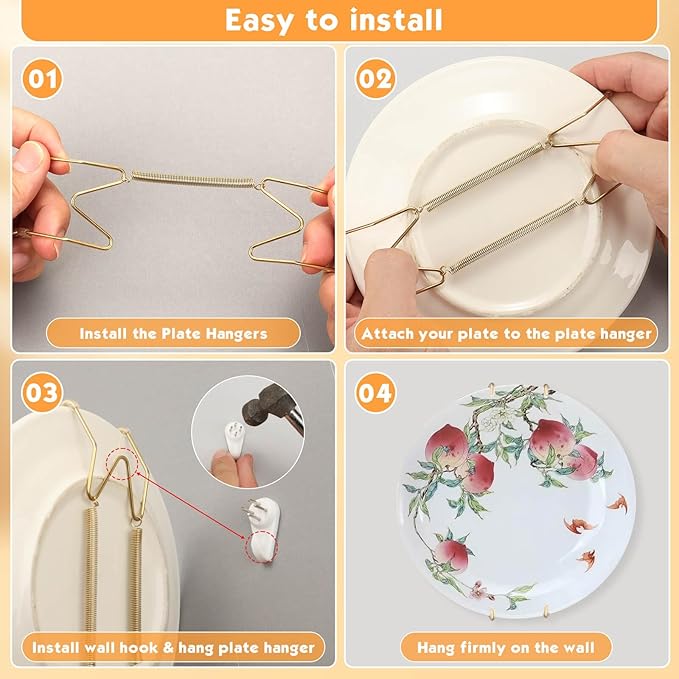 14 pcs Plate Hangers for The Wall, 4/6/8/10/12 Inch Invisible Decorative Wall Plate Hangers, Stainless Steel Plates Walls Hanger for Display Various Sizes with Hooks for Decorative