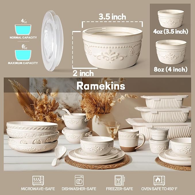 Artena Ramekins with Lids, Creme Brulee Ramekins Oven Safe, Ceramic Pudding Cups, Souffle Cups, Custard Cups, Dipping Sauce Cups, Food Storage Containers with Lids, Set of 4 (Multiple Patterns, 4 oz)