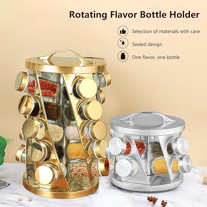 Portable Stainless Steel Spice Rack with 16 Spice Jars Included Revolving Spice Organizer for Kitchen Tower Storage Rack for Spices and Seasoning Gold