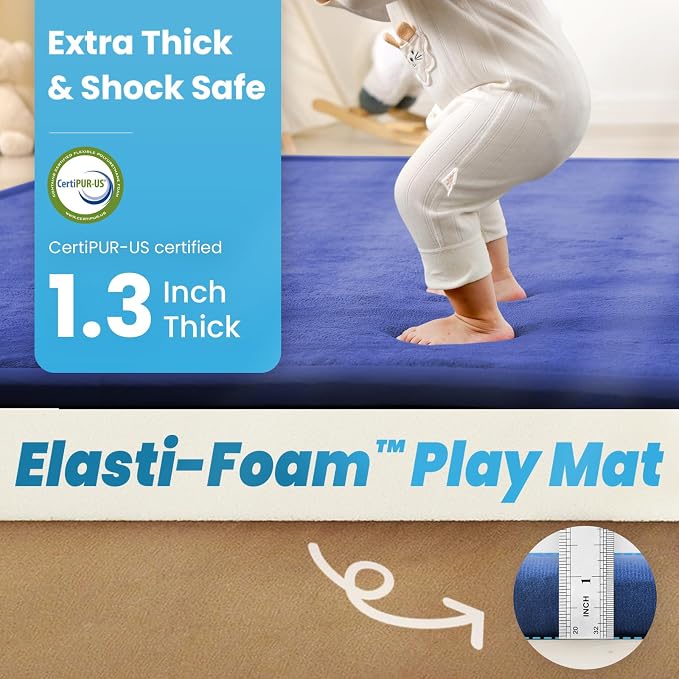 1.3" Thick Baby Play Mat for Floor, 28x72 Foam Tummy Time Mat, Padded Support Soft Plush Bedside Rugs for Infant Kids Toddler Crawling Kick Activity (Royal Blue)