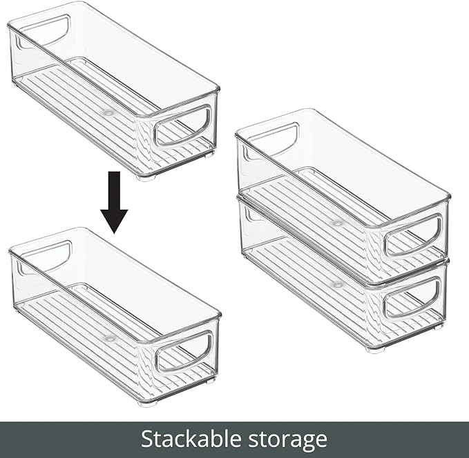 mDesign Small Plastic Office Storage Container Bins with Handles for Organization in Filing Cabinet, Closet Shelf, or Desk Drawers, Organizer for Notes, Pens, Pencils, Ligne Collection, 4 Pack - Clear