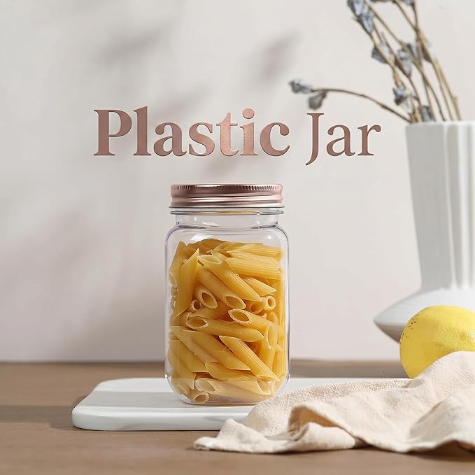 novelinks 16 oz Clear Plastic Jars with Lids, Refillable 16oz Mason Jars with Lids & Storage Containers for Kitchen & Household Use (20 Pack,Rose Gold)