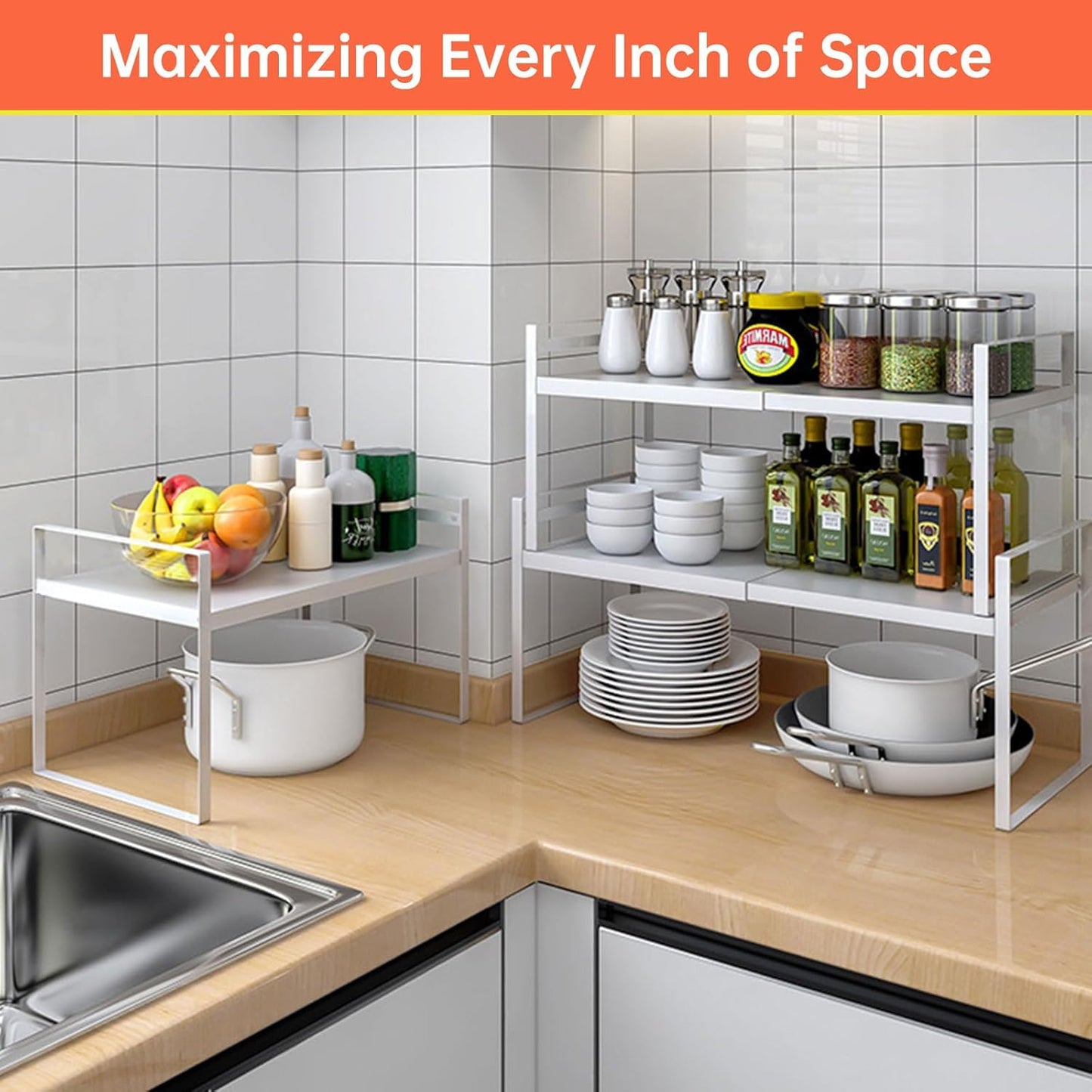Cabinet Shelves Organizer for Kitchen 11", Expandable Shelf with Adjustable Length, Metal Countertop Organizer, Fits Pantry, Over the Sink, Spices, Microwave & Dishes Storage, White (2 Pack)