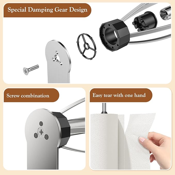 2 Pack Paper Towel Holder Under Cabinet + 2 Towel Robe Hook, Single Hand Operable Under Cabinet Paper Towel Holder, Adhesive Wall Mount Paper Roll Holder for Bathroom Kitchen(Silver)