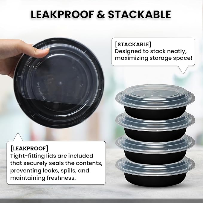 Klex 32 Oz, 150 Sets Meal Prep Containers with Airtight Lids, BPA Free, Reusable Plastic Food Container, 32 oz, Round, Black/Clear, 150 Sets