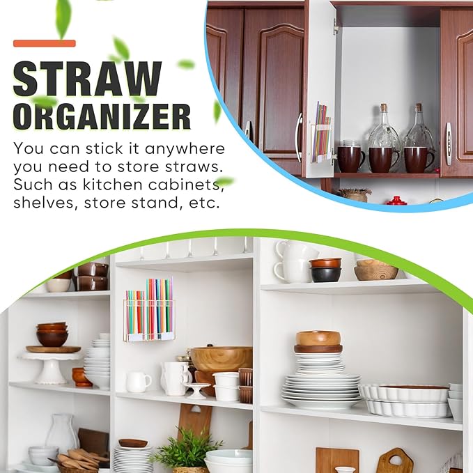 Qinyoung Acrylic Straw Holder for Cabinet Door with Double Sided Adhesive Tape Reusable Straw Organizer Tumbler Storage Kitchen Accessories Container for Counter Cupboard(Gold Trim,Large,Clear)