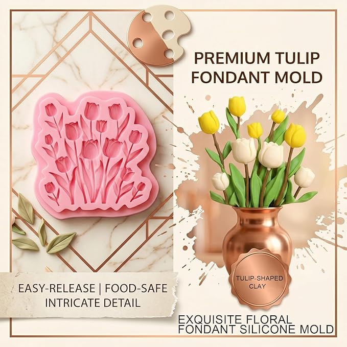1 Pcs Tulip Fondant Mold, Flower Chocolate Silicone Mold, Food-Grade Material, for Baking Cookies Candy Sugar Crafts, Marzipan Muffins Chewing Gum Salted Dough Epoxy Resin Plaster Soap Clay