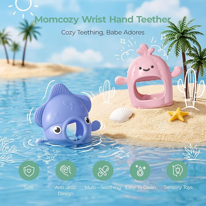 Momcozy Baby Teething Toys, Food Grade Silicone Baby Teether，Teething Mitten for Babies 0–6 Months，Teethers for Babies 6–12 Months，Anti Drop Wrist Teether with Multiple Chew Points， Pink