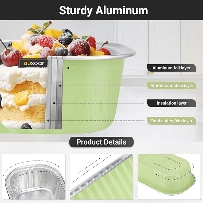 EUSOAR Foil Ramekins with Lids, 25pcs 6.8oz 6.5"x2.5"x1.2" Disposable Aluminum Mini Loaf Pans with Lids, Rectangle Cupcake Baking Cups Containers Wrappers，Dessert Cheesecake Creme Brulee Ramekins Pan