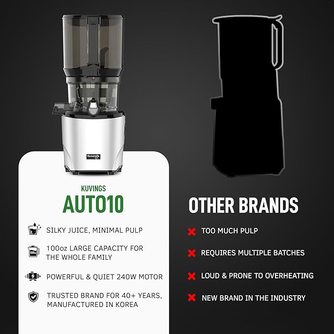Kuvings AUTO10 Cold Press Juicer Machine – Self-Feeding for Hands-Free Use – Easy to Clean, Quiet 240W Motor, 100 oz Large Masticating Juicer – Designed for Silky Juice with Low Pulp – Matte Black