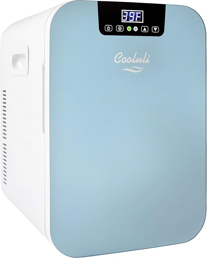 Cooluli 20L Mini Fridge For Bedroom - Car, Office Desk & College Dorm Room Glass Front Digital Temperature Control 12v Small Refrigerator for Food, Drinks, Skin Care, Beauty Breast Milk (Blue)