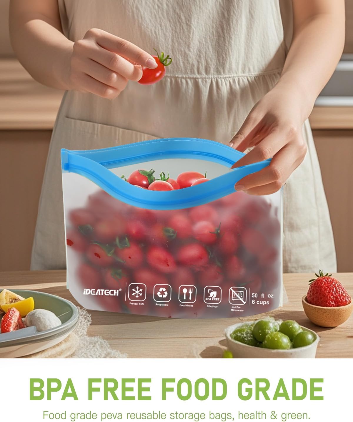 IDEATECH Food Storage Bags, BPA Free PEVA Reusable Gallon Freezer Bags, Reusable Sandwich Containers, Heallthy Food Bags Containers for Travel, Lunch(Grey, 24Pack-8Gallon+8Quart+8Snack)