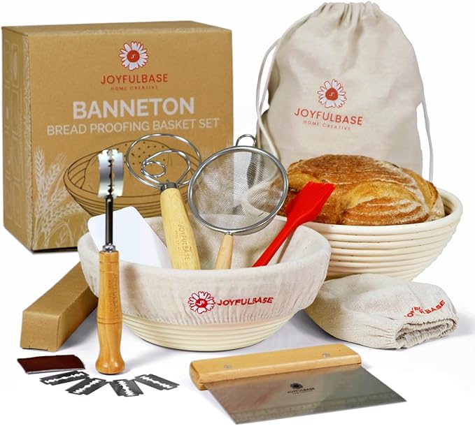 Banneton Bread Proofing Basket Set of 2 Sourdough Starter Kit with 9- Inch Round Baskets Fermentation Proofing Bowls Artisan Sourdough Bread Baking Supplies with Tools Liners and Linen Bag