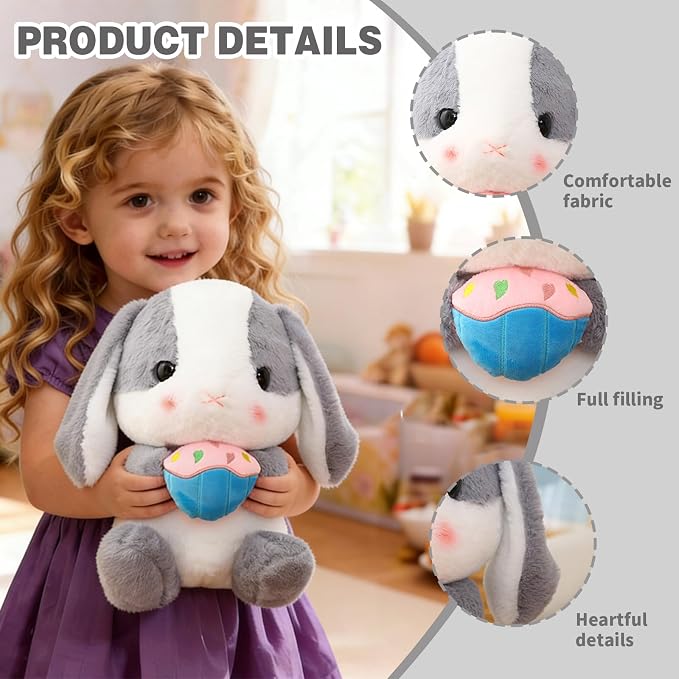 HOUPU Soft Toy - Sitting Lop Eared Rabbit, Easter White Rabbit Stuffed Bunny Animal with Carrot Soft Lovely Realistic Long-Eared Standing Pink Plush Toys (Ash White-Cake,16.9in/43cm)