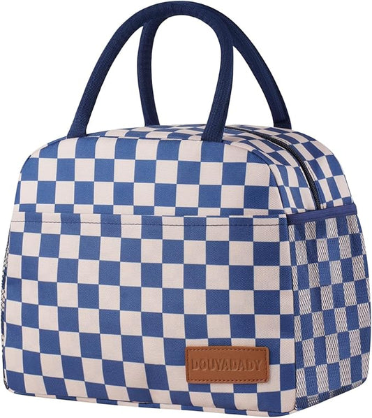 douyadady Lunch Bag Women/Men Lunch Box Women/Men (Blue+Beige Checkerboard)