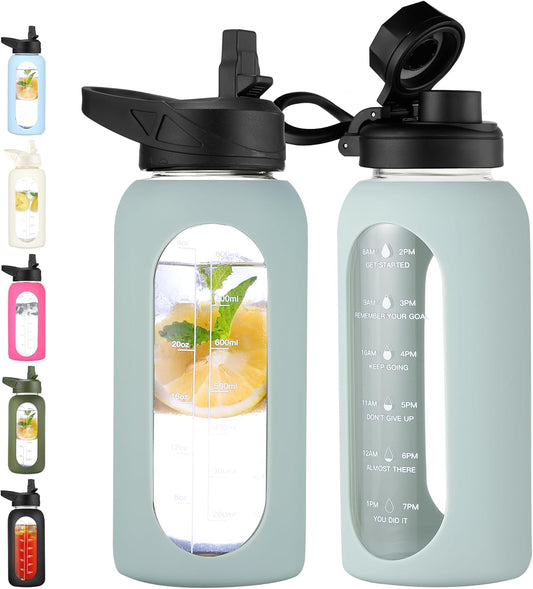 CIVAGO 32 oz Glass Water Bottle with Straw and Handle, Large Sports Motivational Water Bottle Flask with Time Marker and 2 Lids, Leakproof Water Jug Canteen with Silicone Sleeve for Gym,Sage…