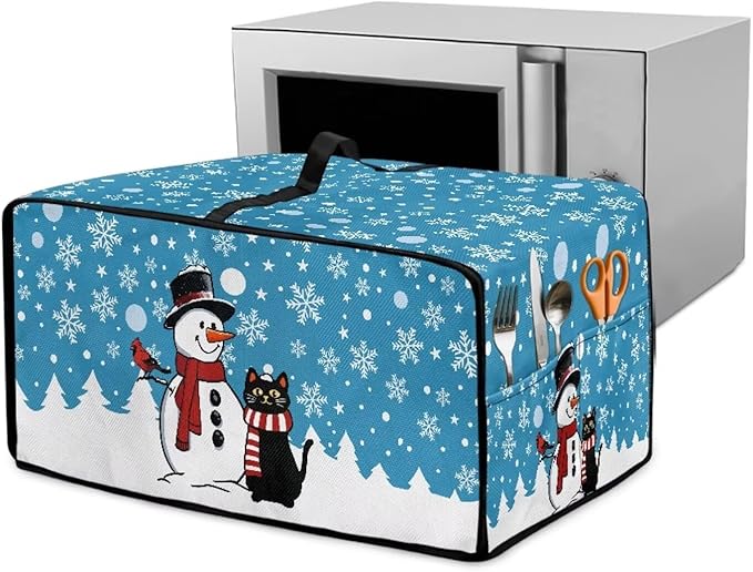 Microwave Oven Cover Air Fryer Toaster Oven Dust Cover, Stain-resistant Small Electric Appliance Protector, S, Snowman Black Cat Snowflake Blue Christmas Decorations