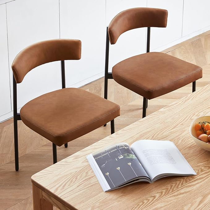 Brown Faux Leather Dining Chairs Set of 2, Armless Upholstered Kitchen Chair,Modern Dining Room Chair with Curved Backrest