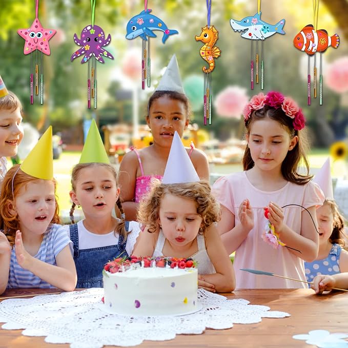 Fennoral 9 Pack Wind Chime Kit for Kids Make Your Own Ocean Animals Wind Chime Wooden Arts and Crafts for Girls Boys Ornaments DIY Coloring Sea Animals Craft for Art Activity Summer Party Decoration