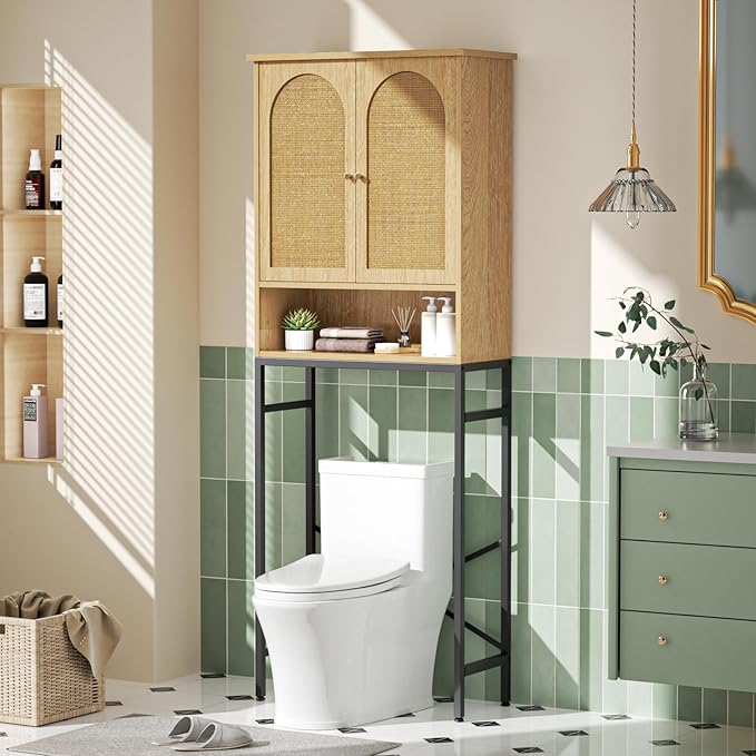 Rattan Toilet Storage Cabinet, Over the Rack Wood Cabinet with Metal Stand, Bathroom Organizer with Adjustable Shelf, Tall Freestanding Washer Shelf, Small Cupboard, Space Saver, Natural style