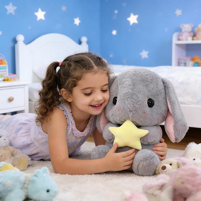 HOUPU Soft Toy - Sitting Lop Eared Rabbit, Easter White Rabbit Stuffed Bunny Animal with Carrot Soft Lovely Realistic Long-Eared Standing Pink Plush Toys (Gray-Star,12.5in/32cm)