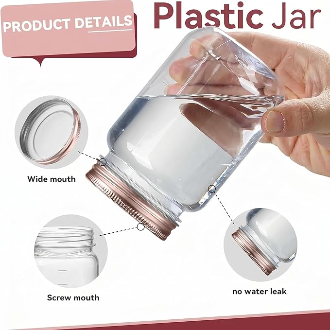 novelinks 16 oz Clear Plastic Jars with Lids, Refillable 16oz Mason Jars with Lids & Storage Containers for Kitchen & Household Use (5 Pack,Rose Gold)