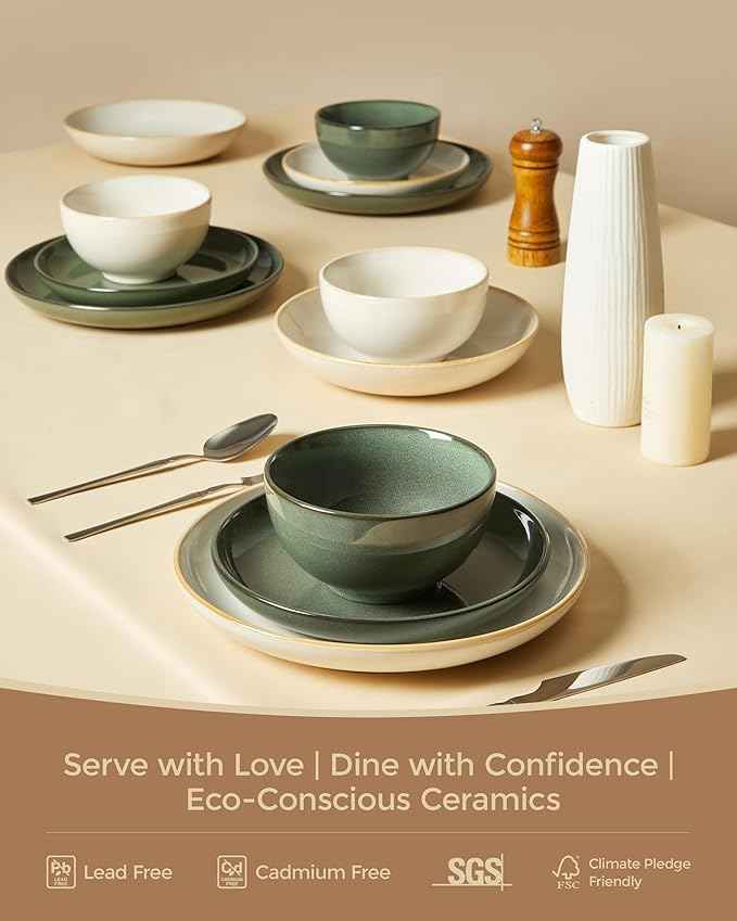 24 Piece Double Bowl Dinnerware Sets with Pasta Bowls, Highly Chip and Crack Resistant Plates and Bowls Sets, Natural Earthyware Ceramic Dishware Sets, Service for 6 Yellow White