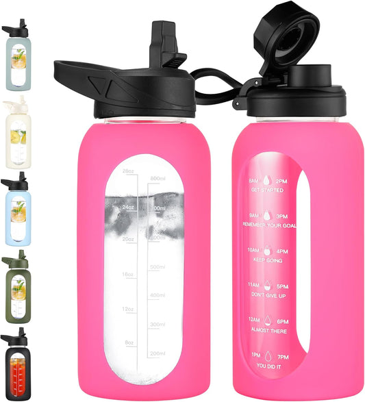 CIVAGO 32 oz Glass Water Bottle with Straw and Handle, Large Sports Motivational Water Bottle Flask with Time Marker and 2 Lids, Leakproof Water Jug Canteen with Silicone Sleeve for Gym,Camelia