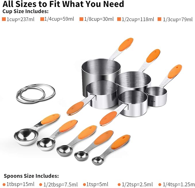 U-Taste 18/8 Stainless Steel Measuring Cups and Spoons Set and 18/0 Stainless Steel Offset Icing Spatula Set (Orange)