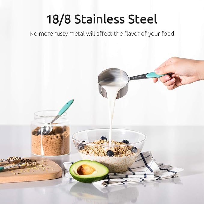 U-Taste 18/8 Stainless Steel Measuring Cups and Spoons Set of 10 Piece, Upgraded Thickness Handle and 1.5oz Heat Resistant Angled Turkey Baster with Cleaning Brush for Cooking Basting (Aqua Sky)