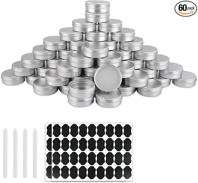 OBKJJ 60 Pack Round Cans with Screw Lid 4 Oz Aluminum Metal Tins DIY Food Candle Containers for Lotion Bars, Balms, Salve, Spices, Beard Balm, Crafts with 4 Markers 2 Sheets Label Stickers