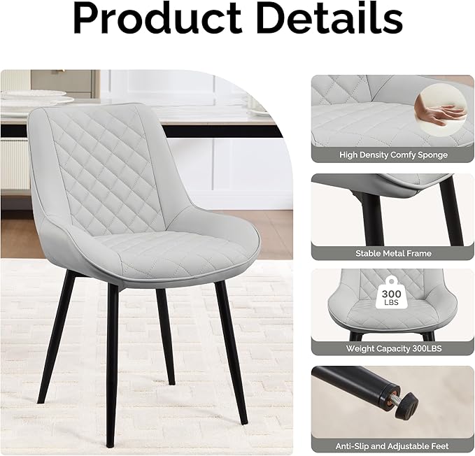 Dining Chair Set of 8, Modern Dining Chairs with Thick Cushions, Faux Leather Upholstered Kitchen Dining Room Chairs with Metal Adjustable Legs for Dining Living Room, Light Grey