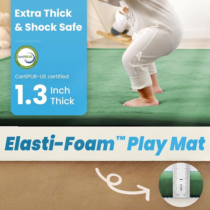 1.3" Thick Baby Play Mat for Floor, 79x79 Large Foam Tummy Time Mat, Padded Support Soft Plush Nursery Rug for Infant Kids Toddler Crawling Kick Activity (Emerald)