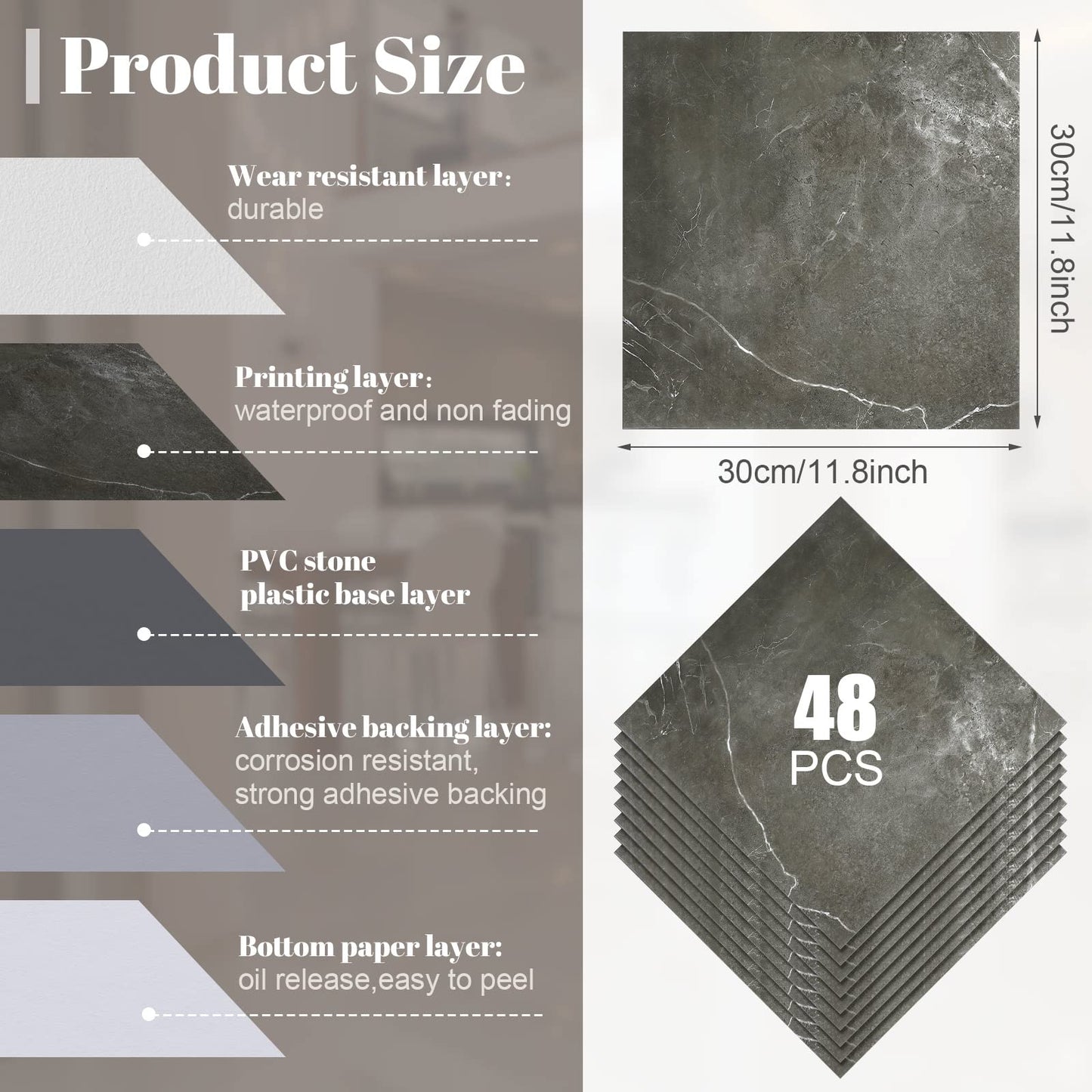 Spiareal 48 Pieces Peel and Stick Floor Tiles Vinyl Flooring 12 x 12 Inch Stick on Floor Tile Self Adhesive Waterproof DIY for Bathroom Kitchen Bedroom Living Room(Gray Marble)