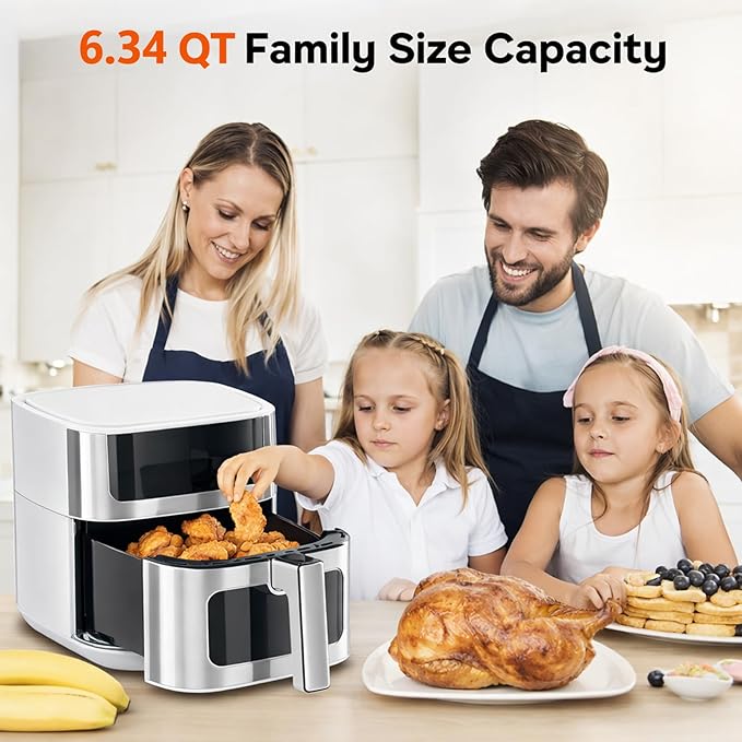 Simple Deluxe 8-in-1 Air Fryer 6.34 Qt, Digital Preset Airfryer with Visible Window, Nonstick and Dishwasher-Safe Basket, Air Fry, Chicken, Pizza, Dehydrate, Fries, 90-Min Timer, 1700W, White