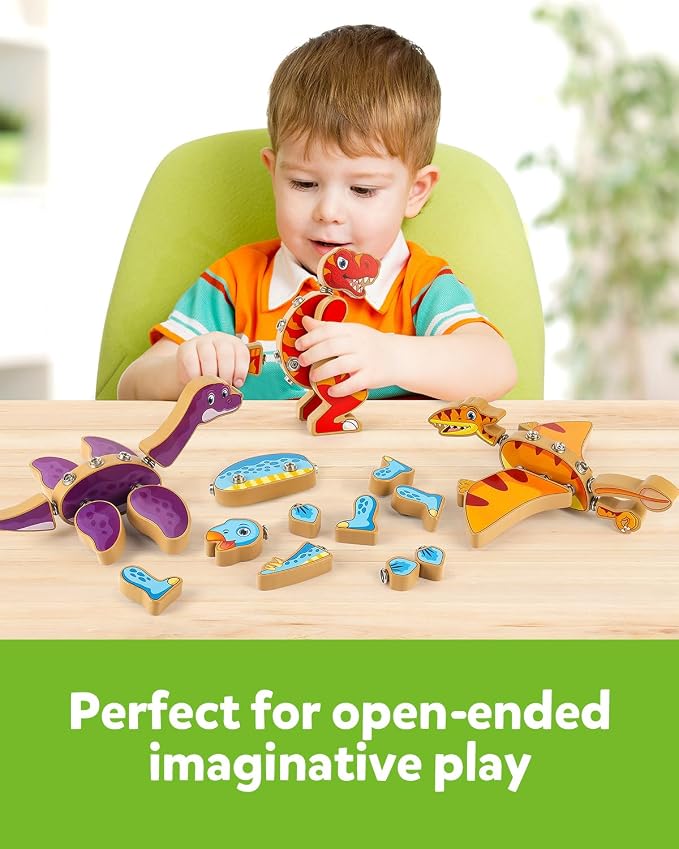 Coogam Dinosaur Snap Together Building Toys, Wooden Take Apart Dinosaur Playset, STEM Montessori Educational Fine Motor Skill Toy Gift for 3 4 5 Years Old Kids