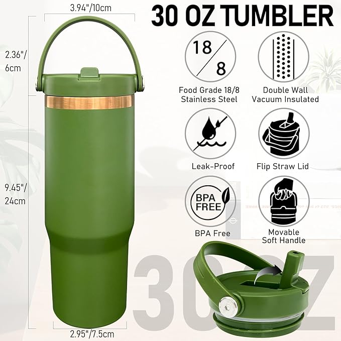 30 oz Tumbler with Handle and Straw, Vacuum Insulated Tumblers with Flip Straw and Top Handle, Leakproof Powder Coated Tumbler, Stainless Steel Travel Mug for Coffee Water (Army Green, 1 Pack)