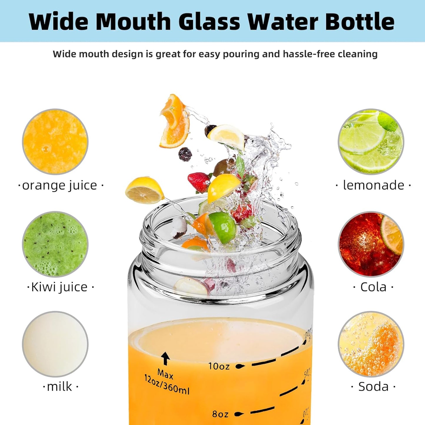 Glass Juice Bottles 4 Pack 20 oz - Wide Mouth Glass Water Bottles with Lids - Borosilicate,Stainless Steel Lids for Juicing, Smoothies, Infused Water, Beverage Storage, Leakproof, Reusable,BPA Free