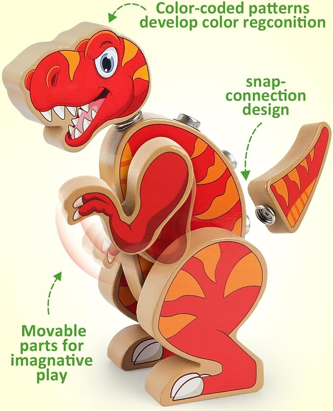 Coogam Dinosaur Snap Together Building Toys, Wooden Take Apart Dinosaur Playset, STEM Montessori Educational Fine Motor Skill Toy Gift for 3 4 5 Years Old Kids